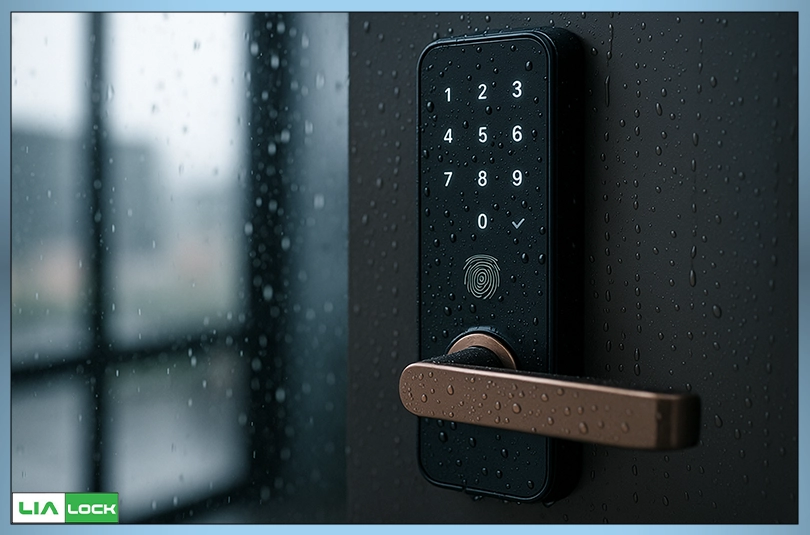 قفل هوشمند مدرن با صفحه لمسی و حسگر اثر انگشت که در شرایط بارانی و مرطوب نصب شده است، نمادی از چالش‌های عملکرد سنسورها و محدودیت‌های فنی در فناوری‌های قفل‌های بیومتریک.