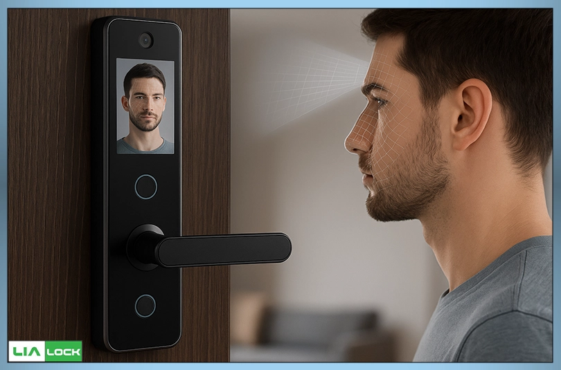 کاربر در حال استفاده از قفل هوشمند دارای فناوری تشخیص چهره روی درب چوبی مدرن، با نمایش سه‌بعدی اسکن چهره و سیستم بیومتریک برای ورود ایمن در خانه هوشمند.