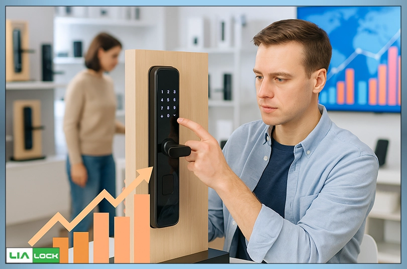 کاربران در فروشگاه فناوری مدرن در حال بررسی قفل‌های هوشمند بیومتریک با صفحه لمسی و تشخیص چهره، نشان‌دهنده رشد بازار و تغییر رفتار مصرف‌کنندگان در انتخاب سیستم‌های امنیتی هوشمند.