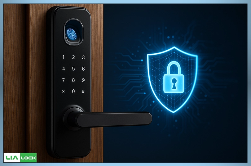 قفل بیومتریک هوشمند با حسگر اثر انگشت و صفحه کلید دیجیتال روی درب چوبی، همراه با نماد هولوگرافیک قفل امنیتی آبی به‌عنوان نشانه‌ای از رمزنگاری داده‌ها و حفاظت از حریم خصوصی در سیستم‌های امنیتی هوشمند.