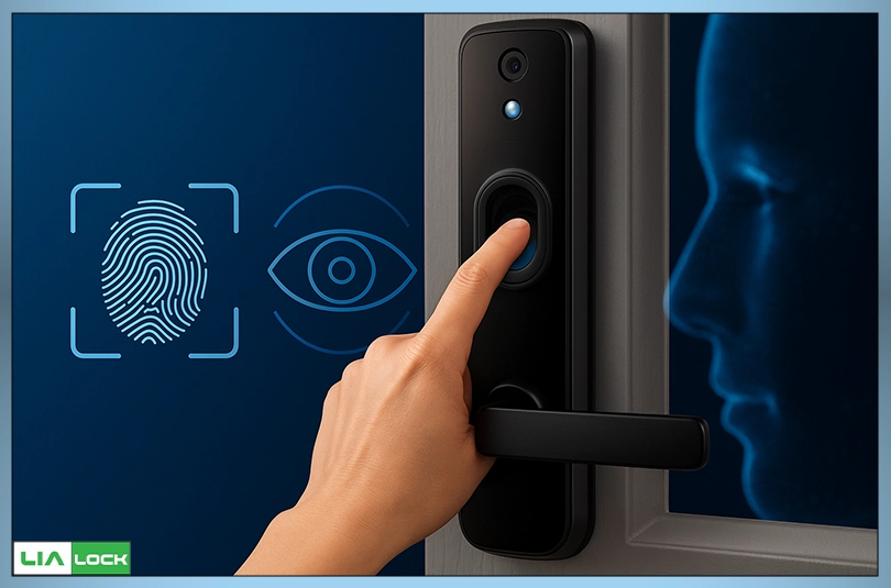 قفل هوشمند مدرن با حسگر اثر انگشت و دوربین تشخیص چهره روی درب چوبی، نمادی از فناوری بیومتریک در سیستم‌های امنیتی هوشمند خانه‌های مدرن.