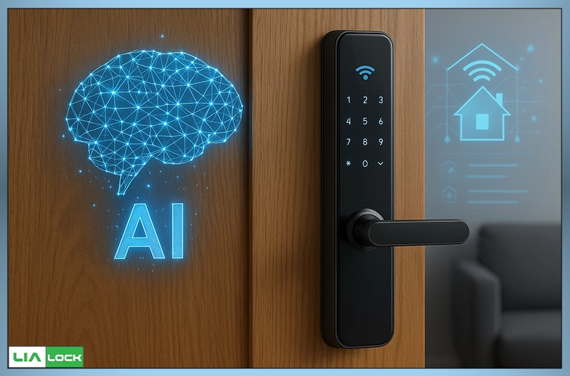 قفل هوشمند مدرن با فناوری هوش مصنوعی روی درب چوبی، مجهز به صفحه لمسی و اتصال بی‌سیم، نمادی از آینده دستگیره‌های هوشمند مبتنی بر یادگیری ماشینی و سیستم امنیتی هوشمند خانه.