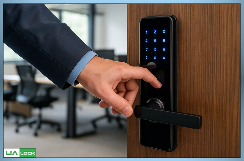 کارمند در حال وارد کردن رمز روی دستگیره هوشمند در دفتر اداری