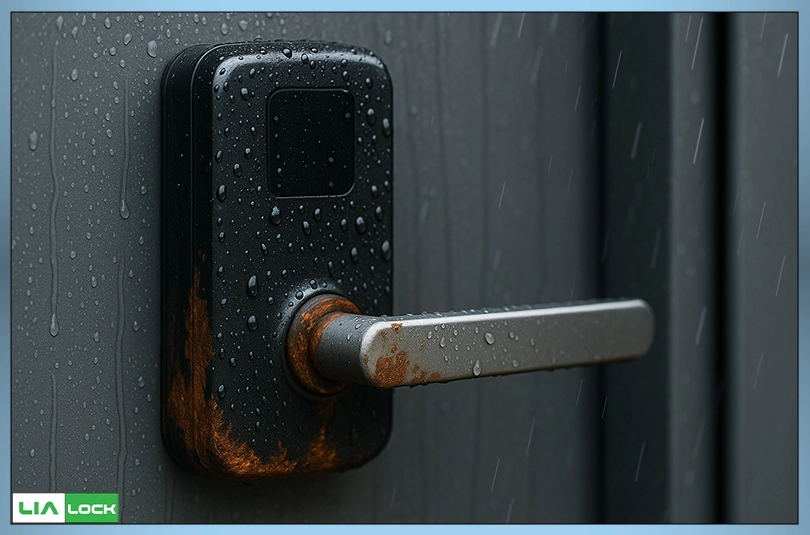 تصویر یک دستگیره بیکیفیت آسیبدیده توسط آب و زنگزدگی بهعنوان اشتباه رایج در خرید.