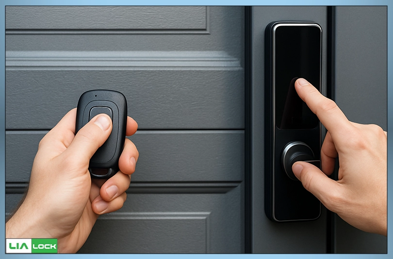 مقایسه تصویری بین ریموت معمولی و دستگیره هوشمند مدرن روی در پارکینگ.