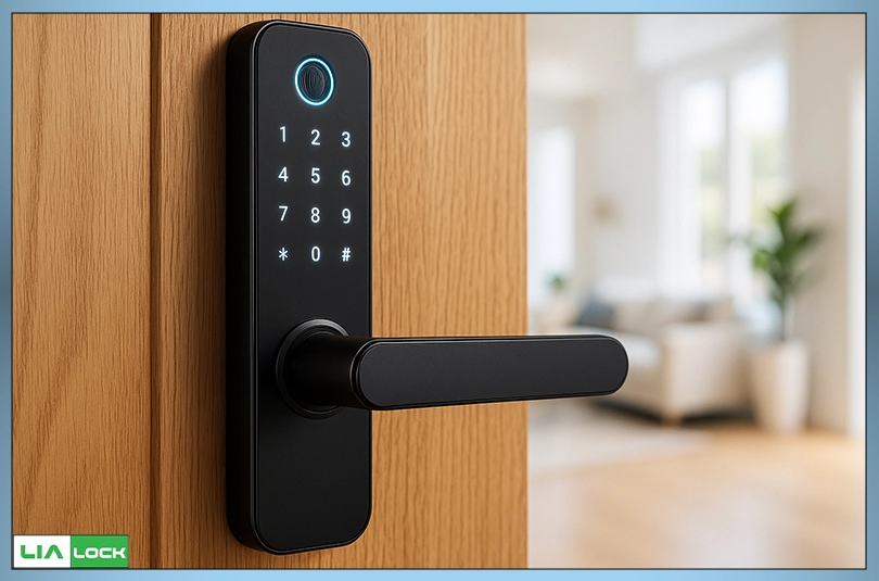 تصویر دستگیره هوشمند روی درب ضدسرقت همراه با المانهای امنیت دیجیتال