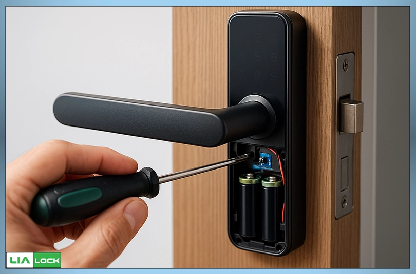 تصویر تعمیرکار در حال سرویس و نگهداری دستگیره هوشمند با نمایش جزئیات داخلی