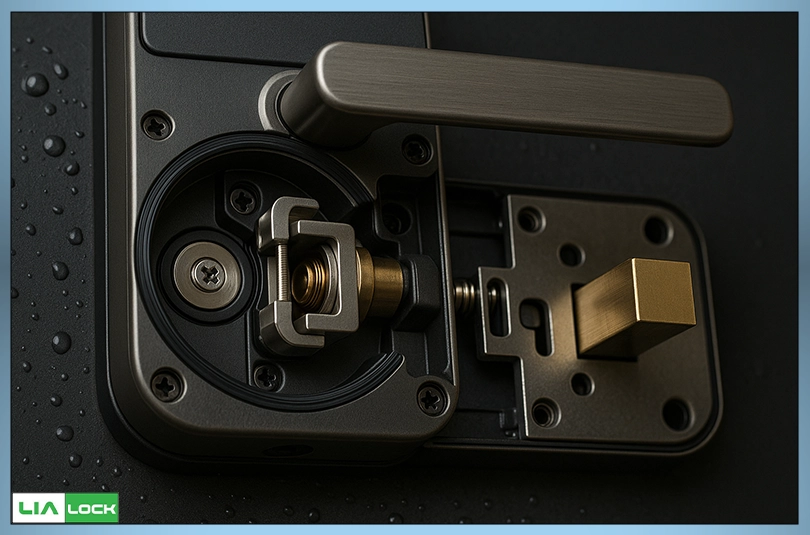 تصویر نمای فنی از اجزای داخلی و مکانیزم مقاوم دستگیره هوشمند پارکینگ.