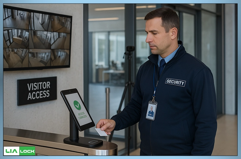 کنترل ورود مهمانان توسط نگهبان با استفاده از سیستم دسترسی هوشمند و نظارت سازمانی مشابه راهکارهای امنیتی LiaLock