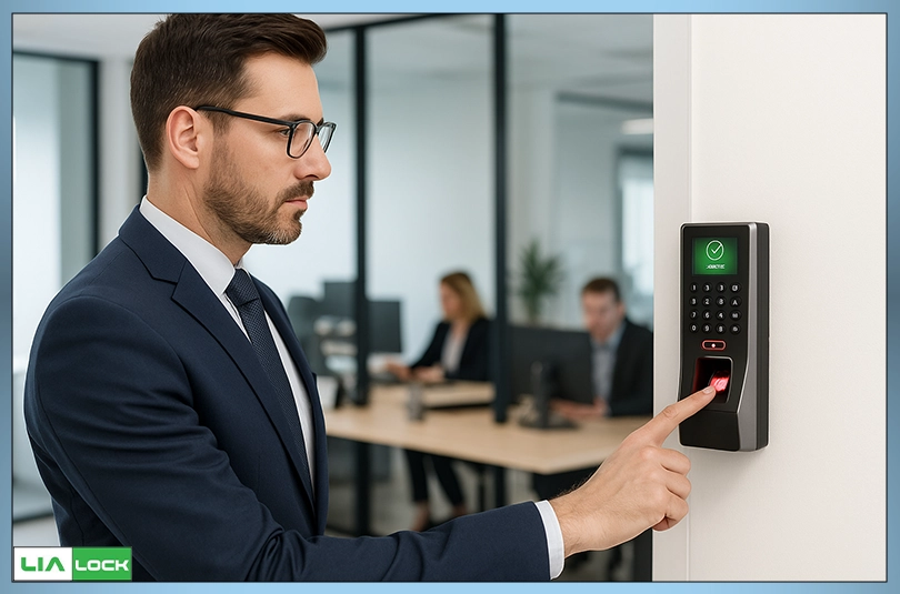 استفاده یک مدیر از سیستم کنترل تردد هوشمند برای مدیریت ورود کارکنان با فناوری مشابه راهکارهای امنیتی LiaLock