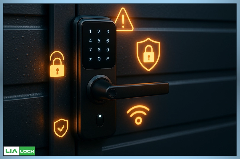 تصویری واقعی از دستگیره هوشمند دارای سیستم ضدسرقت و هشدار امنیتی روی در پارکینگ.