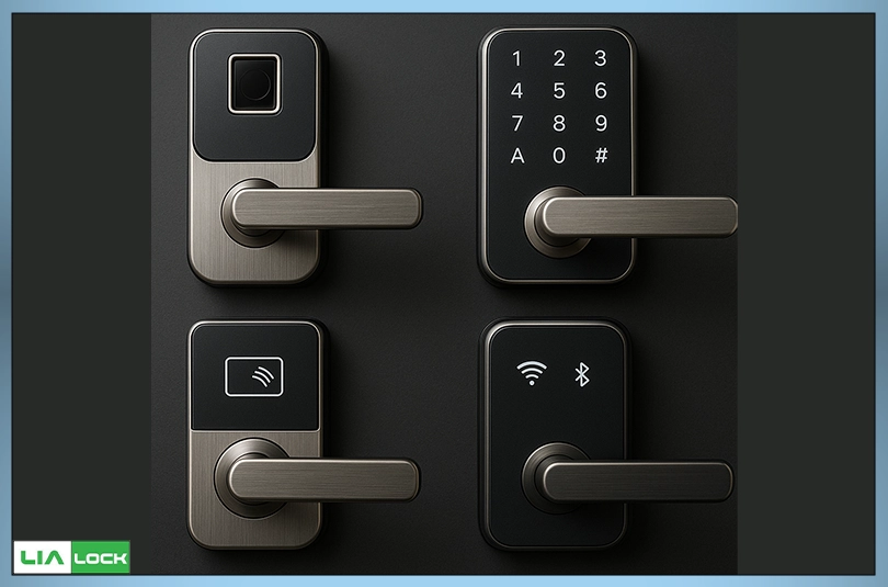 عکس انواع مدلهای دستگیره هوشمند شامل رمزی، اثرانگشتی، کارتی و وایفای مناسب درب پارکینگ.