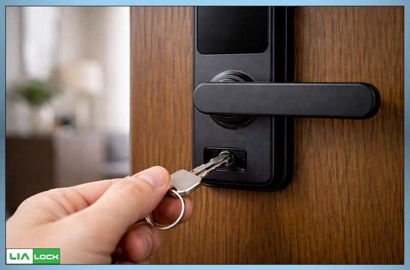 باز کردن درب با کلید مکانیکی اضطراری در دستگیره هوشمند