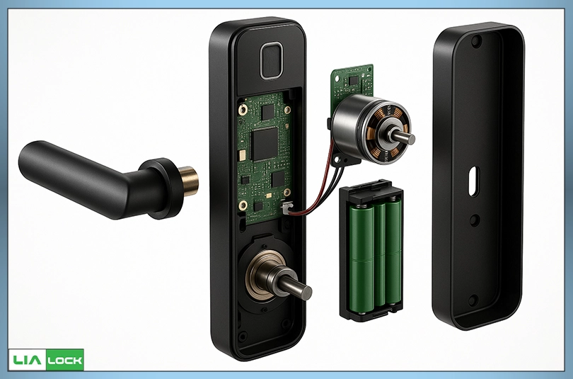 رندر واقعگرایانه از اجزای داخلی یک دستگیره هوشمند شامل موتور، برد و سنسور اثر انگشت