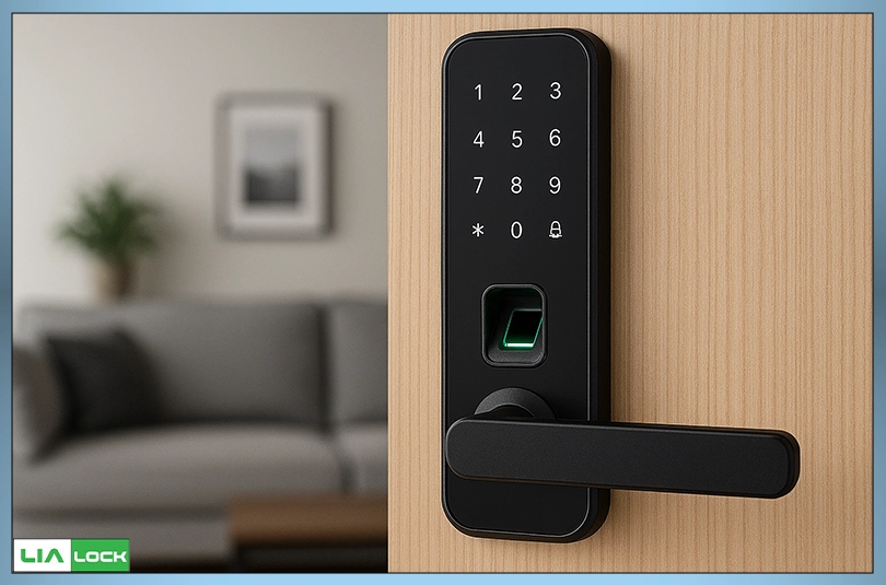 دستگیره هوشمند با صفحه کلید لمسی و سنسور اثر انگشت روی درب چوبی