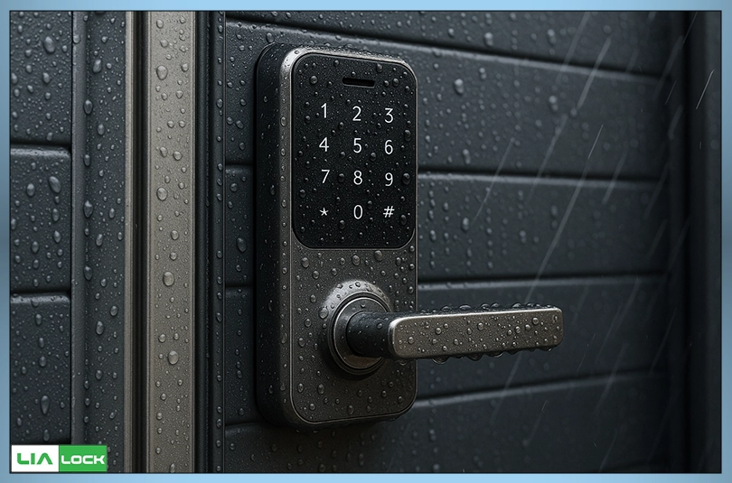 نمای نزدیک از دستگیره هوشمند ضدآب و ضدگردوغبار مخصوص پارکینگ روی درب فلزی.