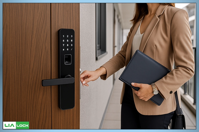 باز شدن درب با دستگیره هوشمند توسط کارمند در ساختمان اداری